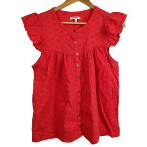 Madewell Red Orange Ruffle Sleeve Bib Top Floral Eyelet Button Blouse Sz XL